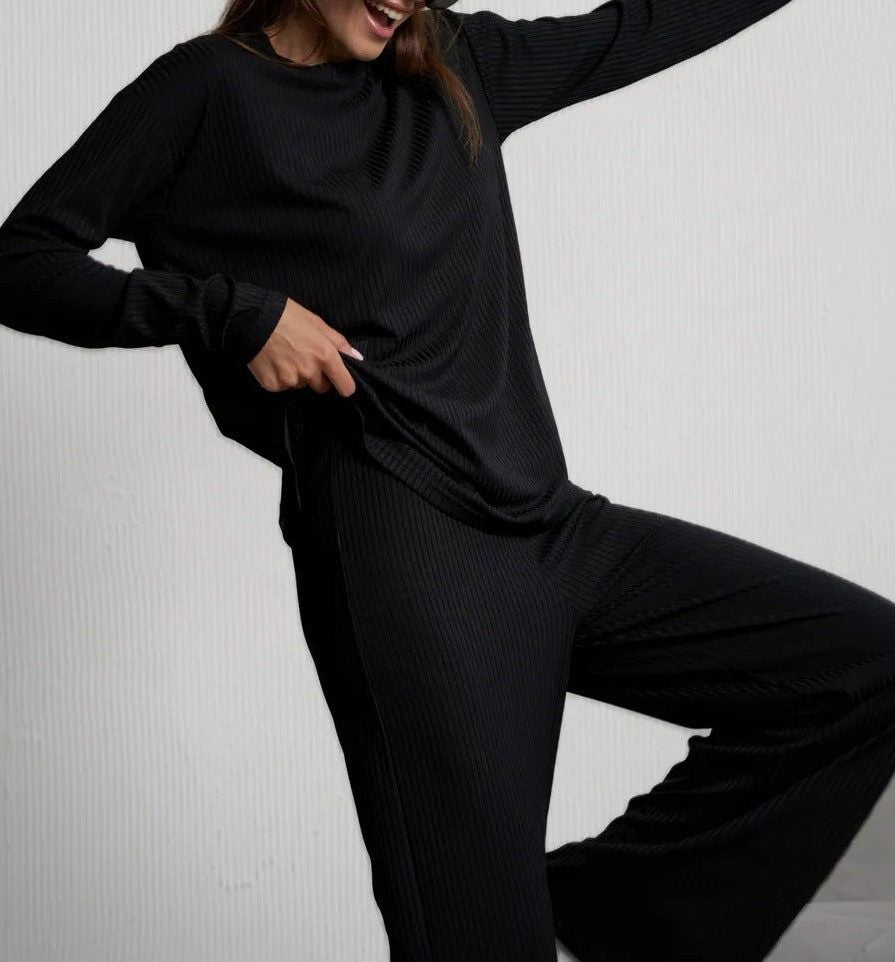 Ribbed Knit Co-ord Set with Long Sleeves and Wide Pants - Black