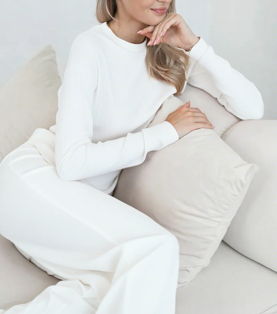 Ribbed Knit Co-ord Set with Long Sleeves and Wide Pants - White