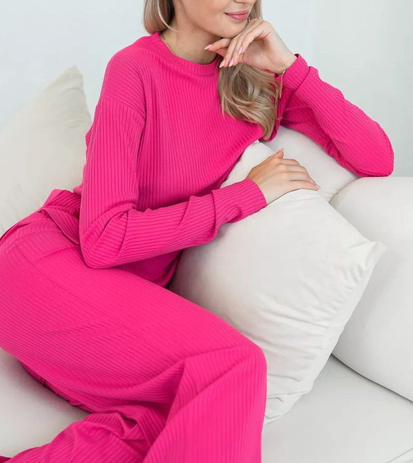 Ribbed Knit Co-ord Set with Long Sleeves and Wide Pants - Fuchsia