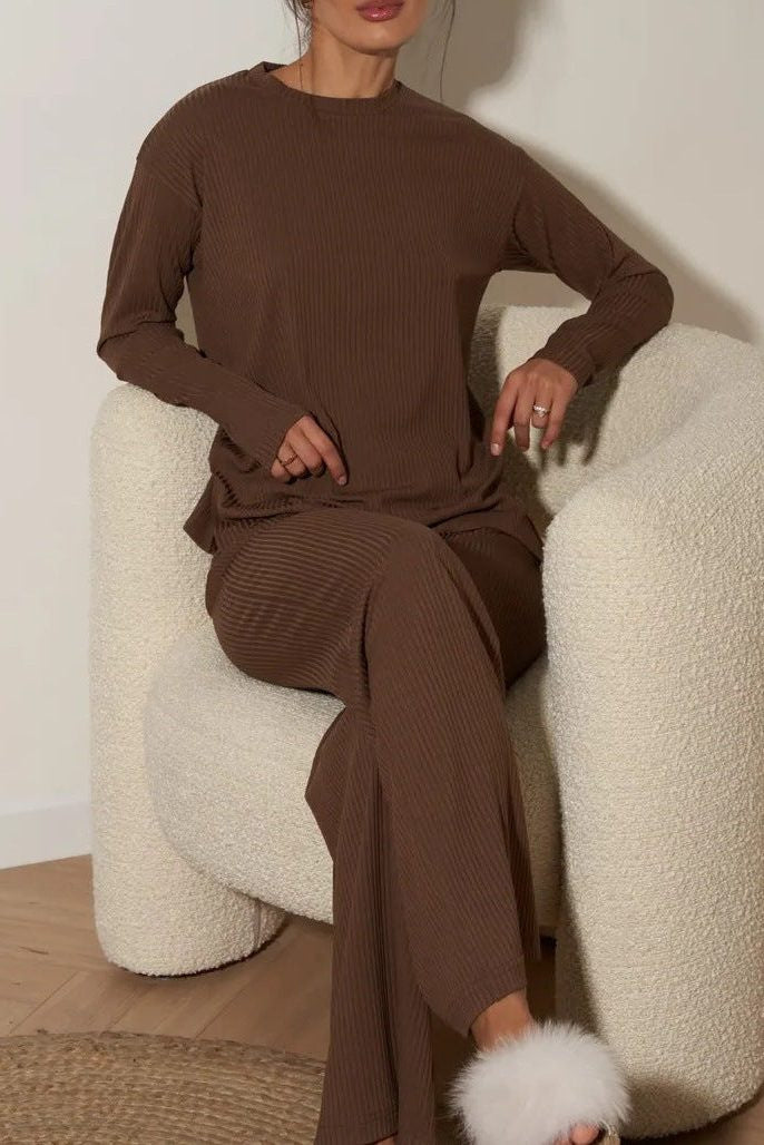 Ribbed Knit Co-ord Set with Long Sleeves and Wide Pants - Dark Brown