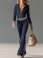Ribbed Knit Hooded Jumpsuit with Zip Front and Striped Waist