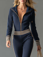 Ribbed Knit Hooded Jumpsuit with Zip Front and Striped Waist