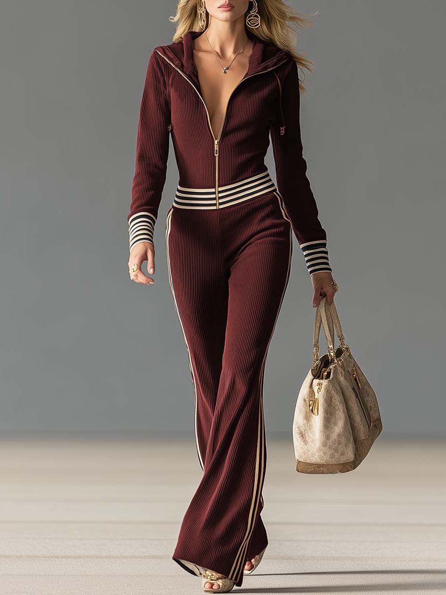 Ribbed Knit Hooded Jumpsuit with Zip Front and Striped Waist