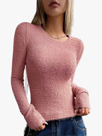 Ribbed Knit Long Sleeve Top with Thumbholes and Crew Neck
