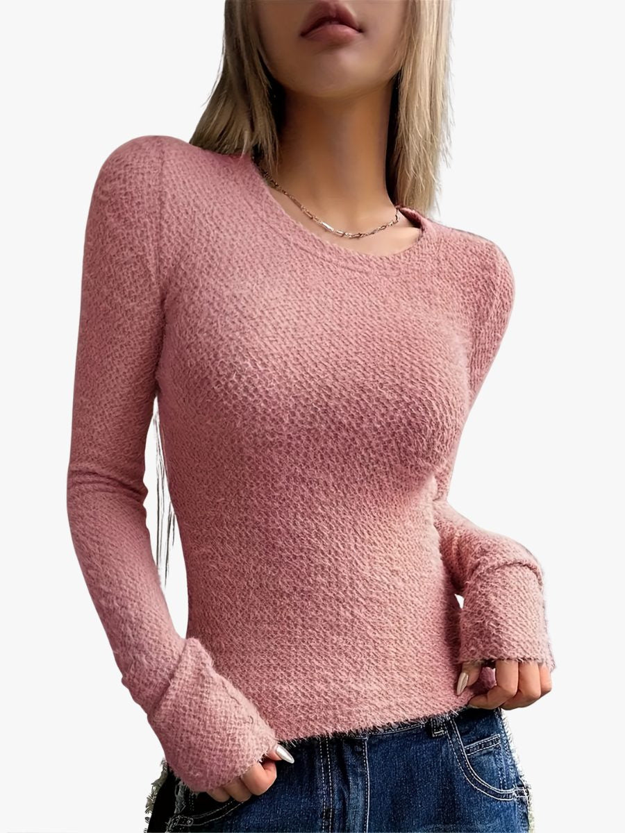 Ribbed Knit Long Sleeve Top with Thumbholes and Crew Neck