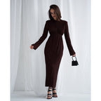 Ribbed Knit Maxi Dress with Crew Neck and Long Sleeves