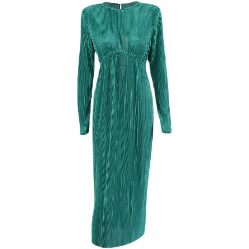 Ribbed Knit Maxi Dress with Crew Neck and Long Sleeves