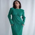Ribbed Knit Maxi Dress with Crew Neck and Long Sleeves - Green