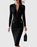 Ribbed Knit Midi Dress with Full-Length Zip and Pockets - Black