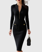 Ribbed Knit Midi Dress with Full-Length Zip and Pockets - Black