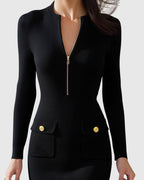 Ribbed Knit Midi Dress with Full-Length Zip and Pockets