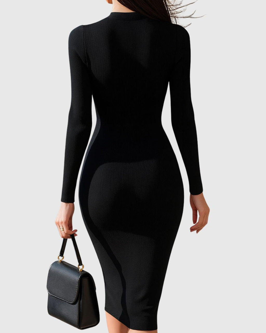 Ribbed Knit Midi Dress with Full-Length Zip and Pockets