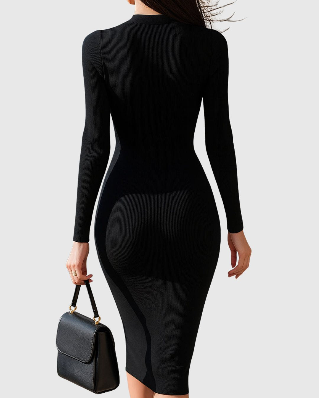 Ribbed Knit Midi Dress with Full-Length Zip and Pockets