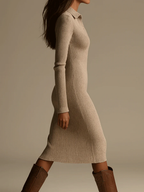 Ribbed Knit Midi Shirt Dress with Collar and Thigh Split