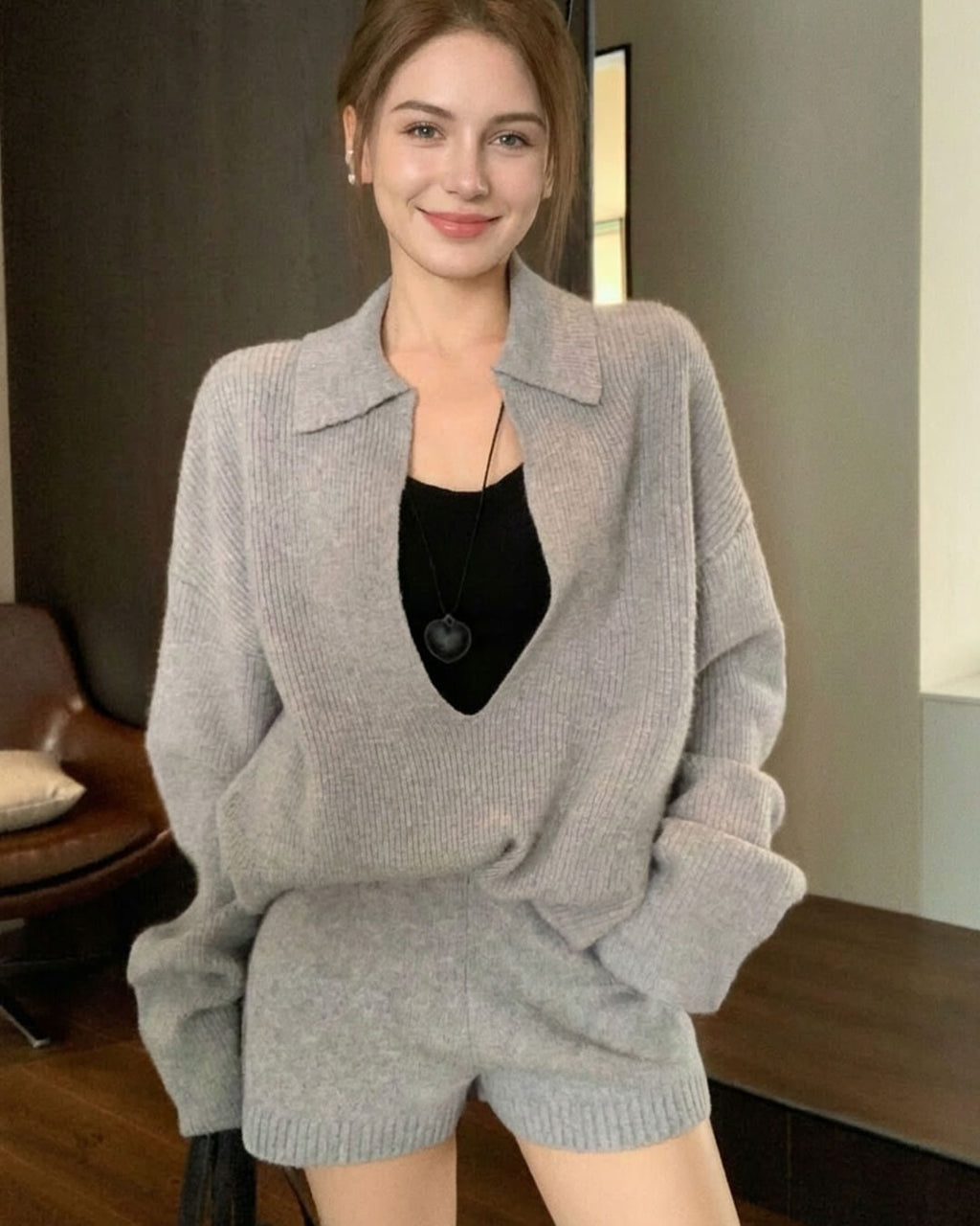 Ribbed Knit Two Piece Set with Collared V-Neck Top - Grey