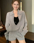Ribbed Knit Two Piece Set with Collared V-Neck Top - Grey
