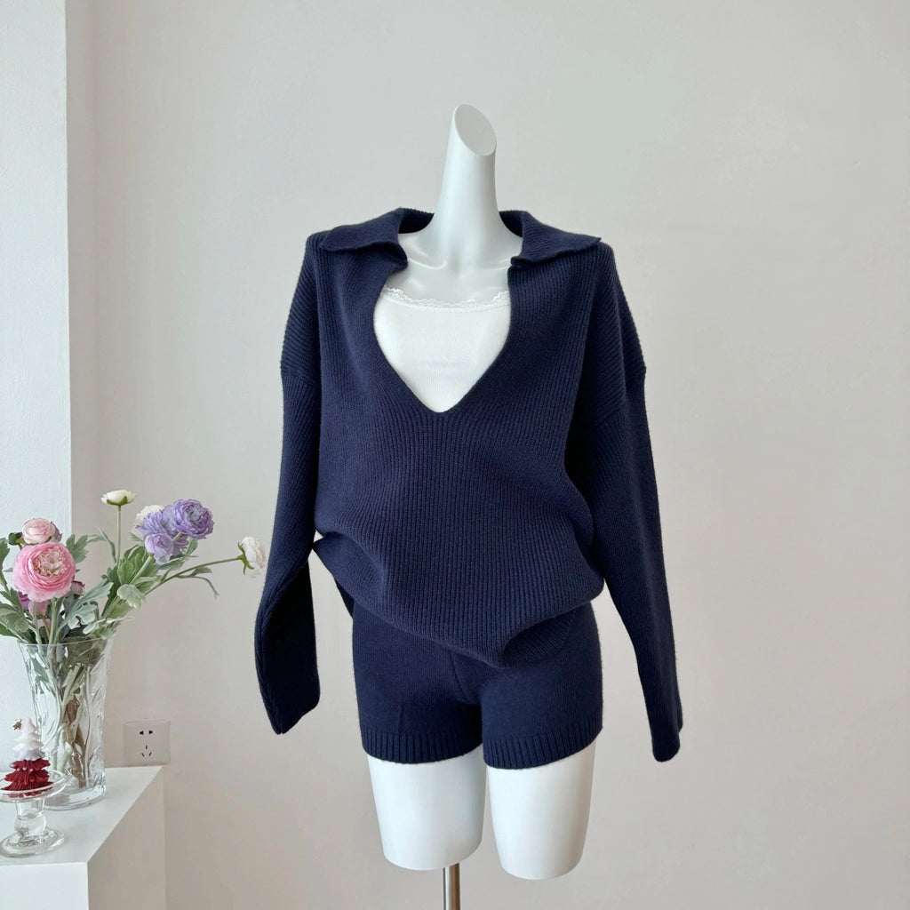 Ribbed Knit Two Piece Set with Collared V-Neck Top