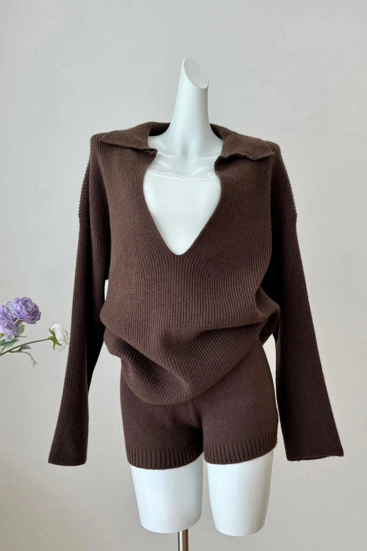 Ribbed Knit Two Piece Set with Collared V-Neck Top - Brown