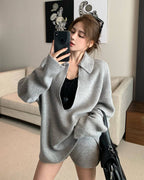 Ribbed Knit Two Piece Set with Collared V-Neck Top