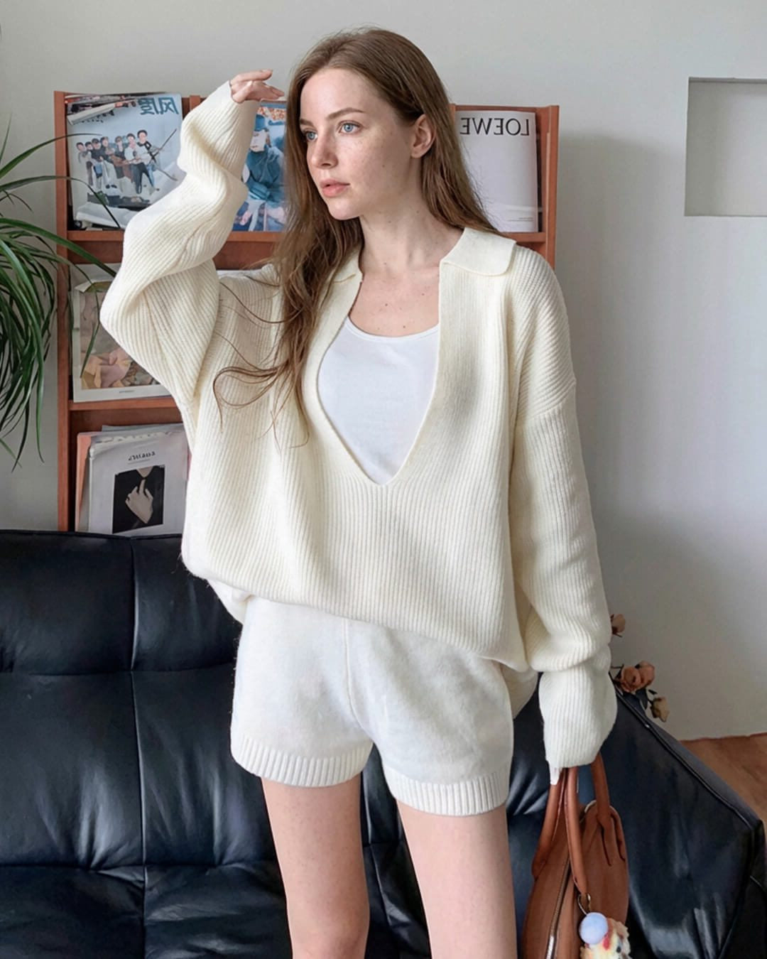 Ribbed Knit Two Piece Set with Collared V-Neck Top - Beige