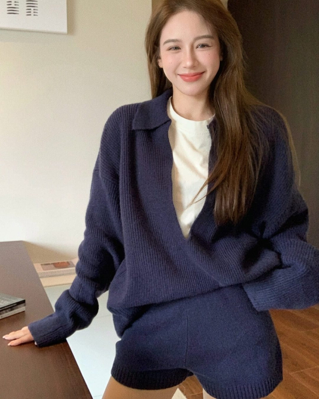 Ribbed Knit Two Piece Set with Collared V-Neck Top - Navy