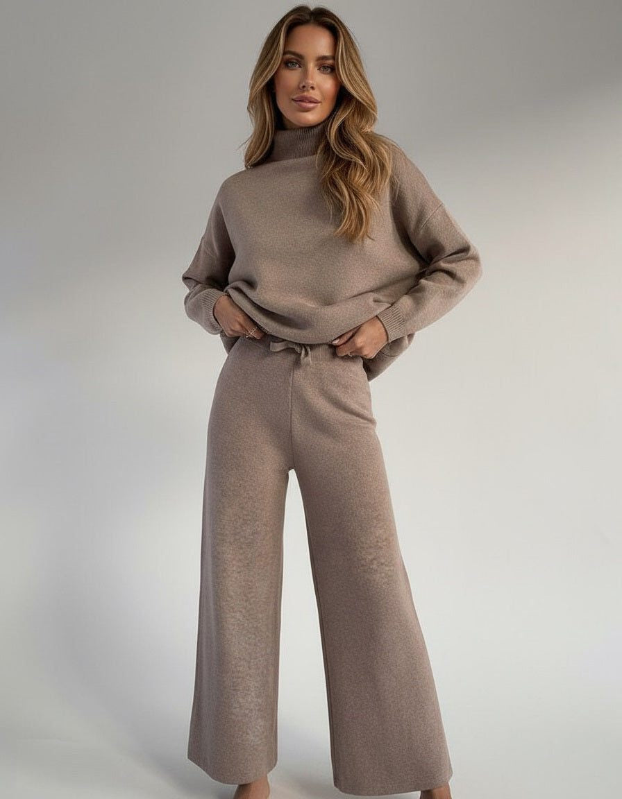 Ribbed Knit Two Piece Set with Roll Neck and Wide Leg Pants - Apricot