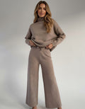 Ribbed Knit Two Piece Set with Roll Neck and Wide Leg Pants - Apricot