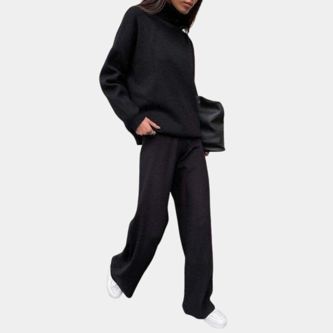 Ribbed Knit Two Piece Set with Roll Neck and Wide Leg Pants