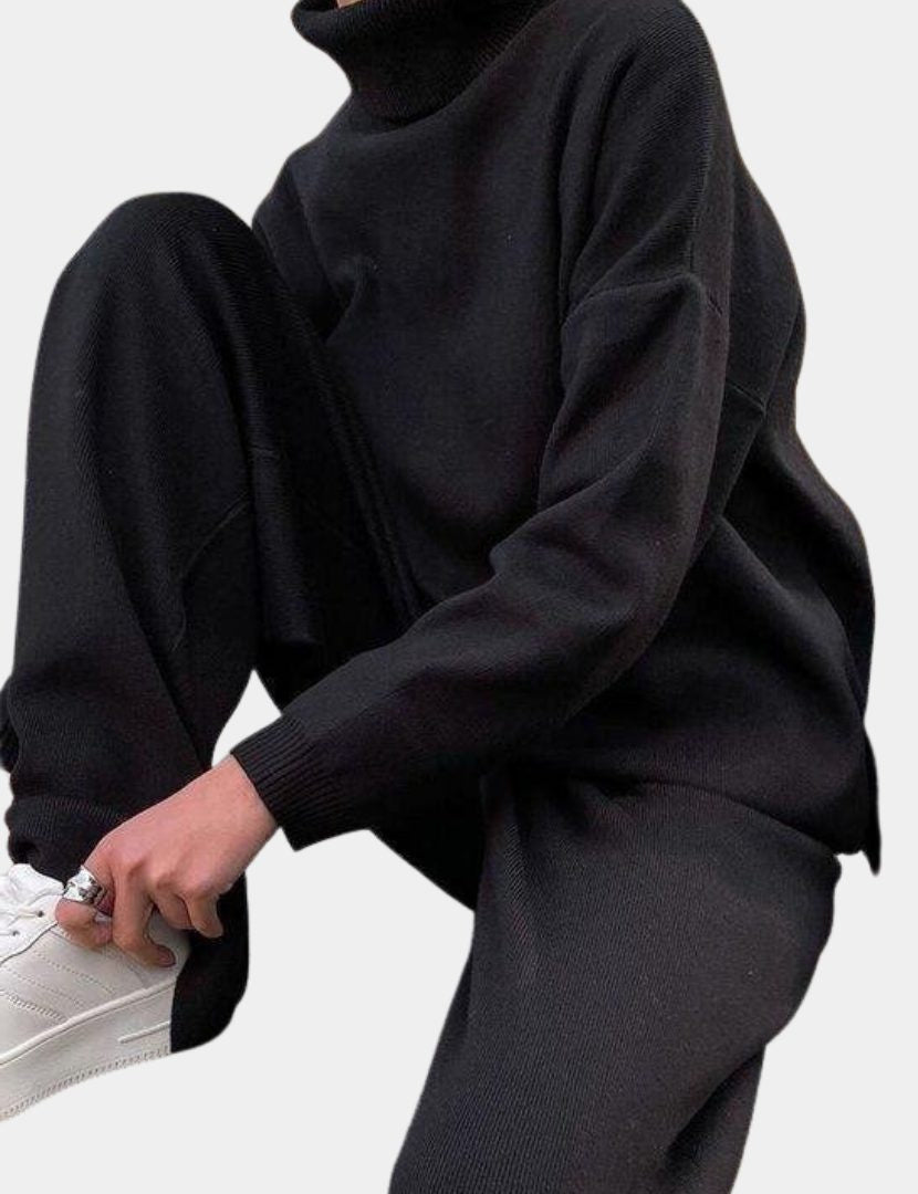 Ribbed Knit Two Piece Set with Roll Neck and Wide Leg Pants