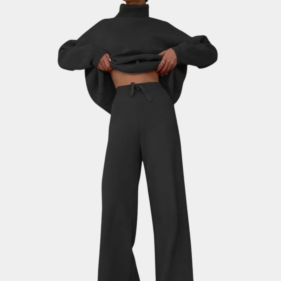 Ribbed Knit Two Piece Set with Roll Neck and Wide Leg Pants - Charcoal Grey