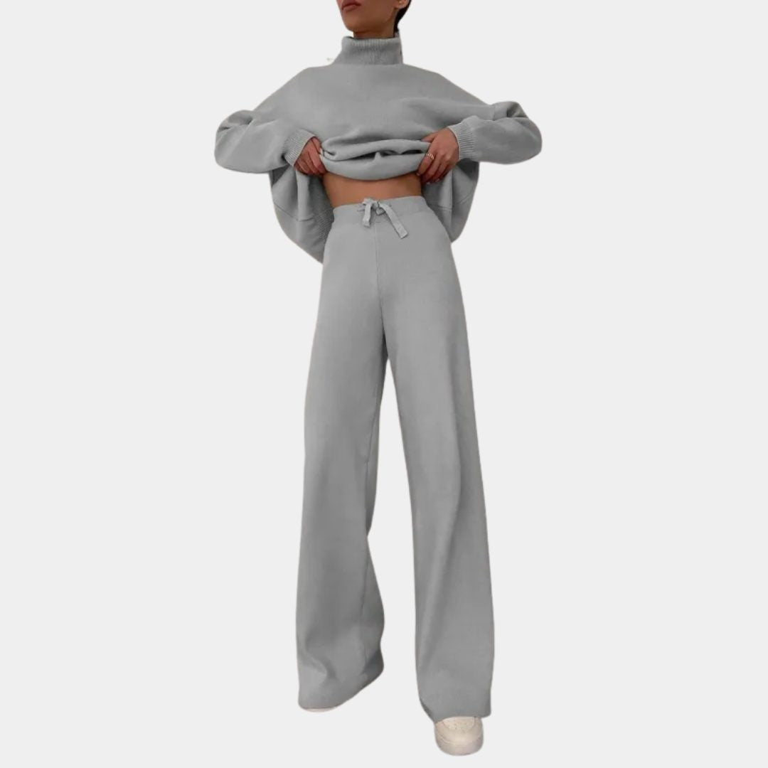 Ribbed Knit Two Piece Set with Roll Neck and Wide Leg Pants - Grey