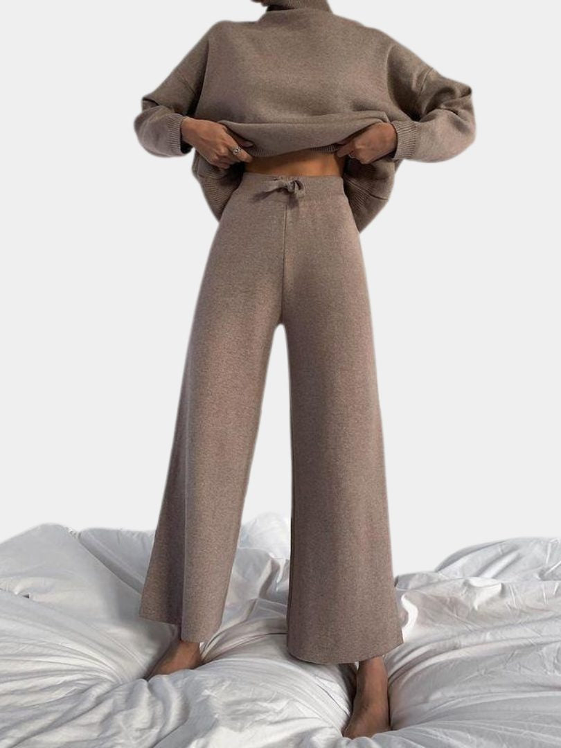 Ribbed Knit Two Piece Set with Roll Neck and Wide Leg Pants