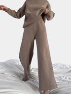 Ribbed Knit Two Piece Set with Roll Neck and Wide Leg Pants