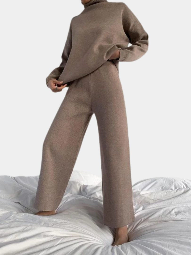 Ribbed Knit Two Piece Set with Roll Neck and Wide Leg Pants