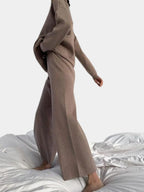 Ribbed Knit Two Piece Set with Roll Neck and Wide Leg Pants
