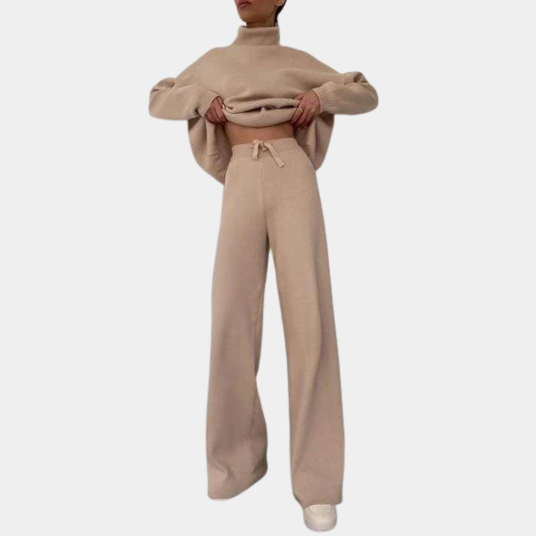 Ribbed Knit Two Piece Set with Roll Neck and Wide Leg Pants - Khaki