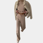 Ribbed Knit Two Piece Set with Roll Neck and Wide Leg Pants