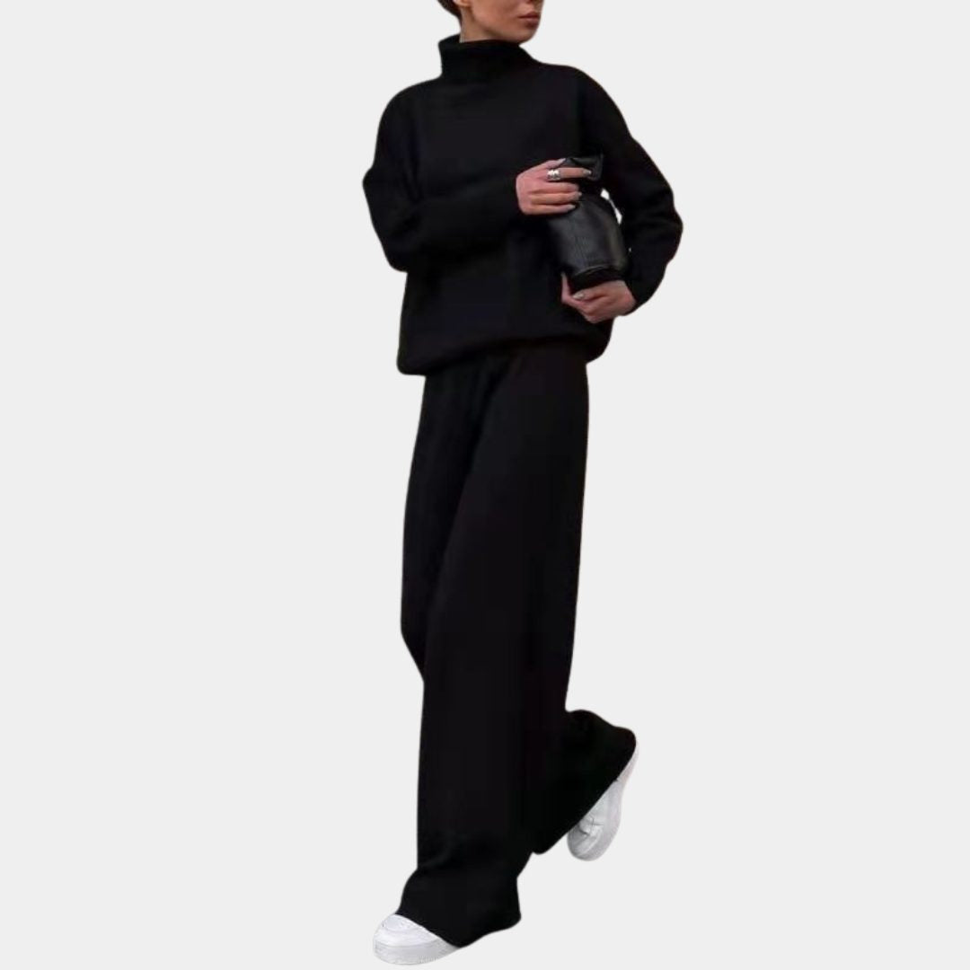 Ribbed Knit Two Piece Set with Roll Neck and Wide Leg Pants - Black