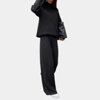 Ribbed Knit Two Piece Set with Roll Neck and Wide Leg Pants