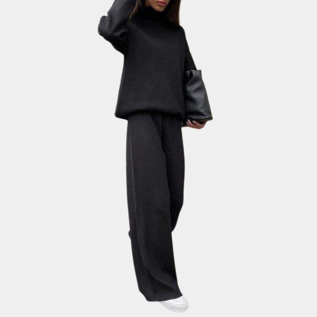 Ribbed Knit Two Piece Set with Roll Neck and Wide Leg Pants