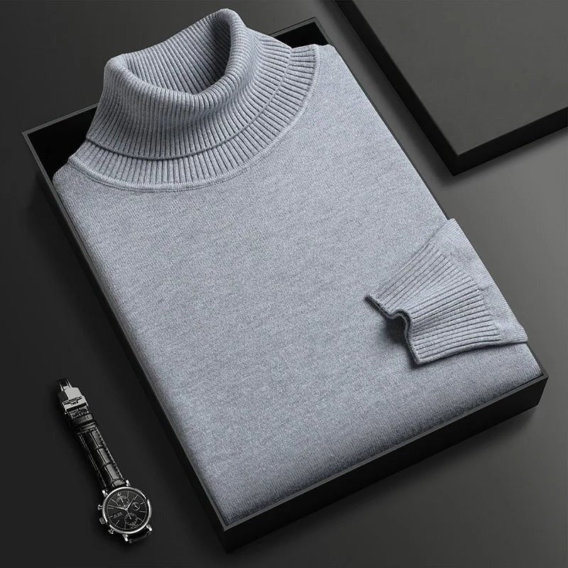 Roll Neck Knit Sweater with Long Sleeves and Soft Texture - Light Grey