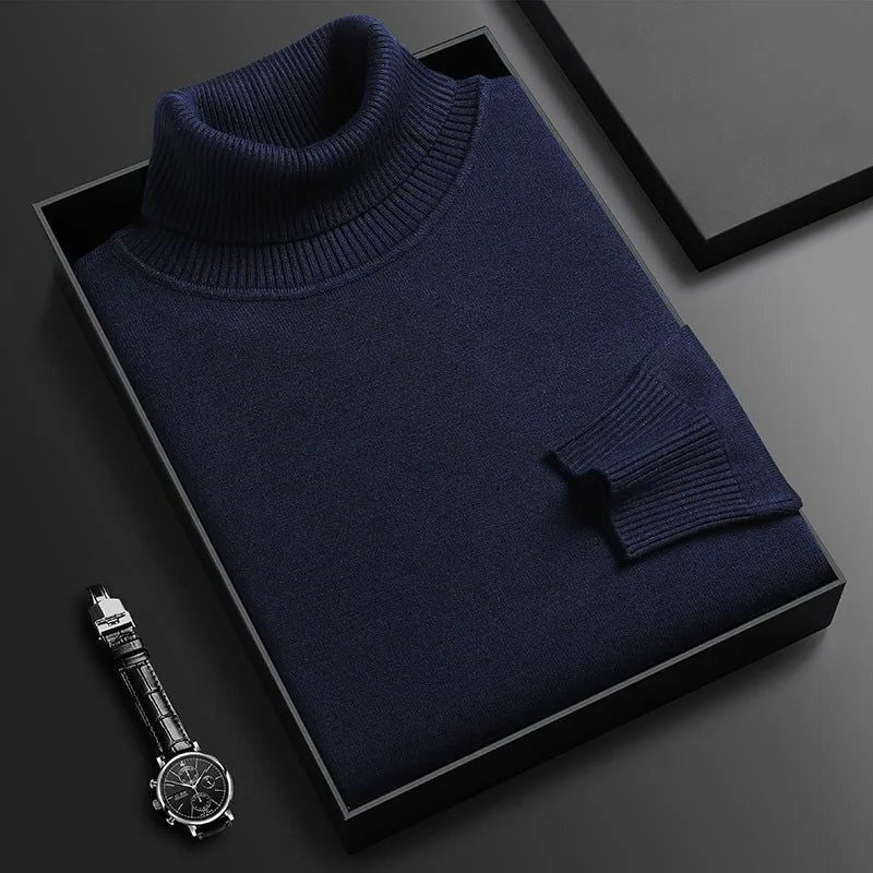 Roll Neck Knit Sweater with Long Sleeves and Soft Texture - Navy