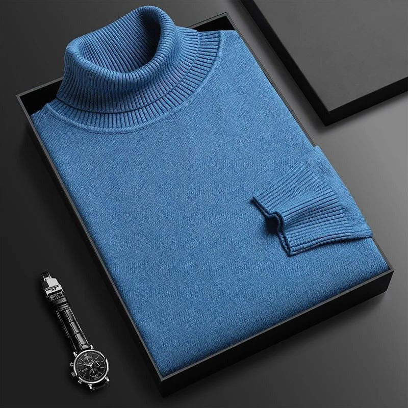 Roll Neck Knit Sweater with Long Sleeves and Soft Texture - Blue