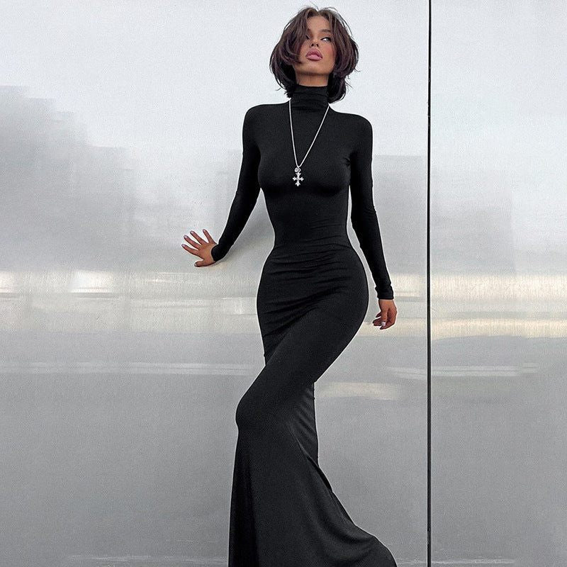 Roll Neck Maxi Dress with Long Fitted Sleeves - Black