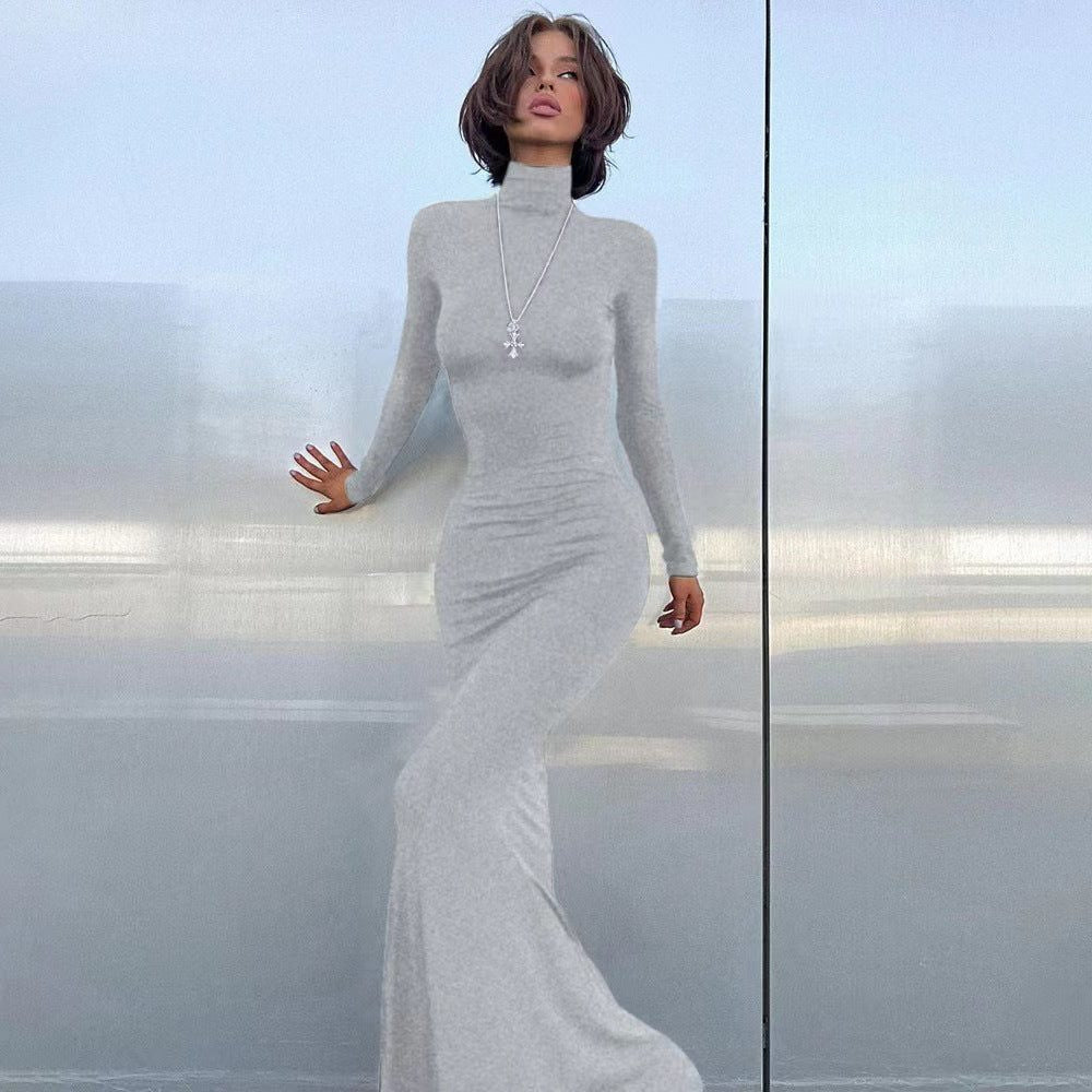 Roll Neck Maxi Dress with Long Fitted Sleeves - Grey