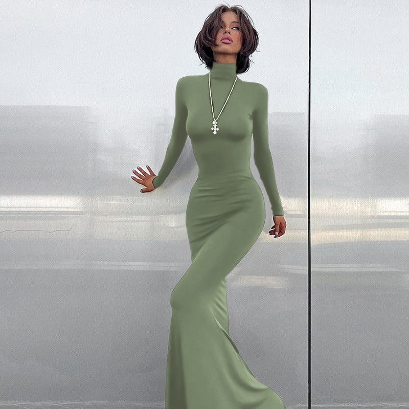 Roll Neck Maxi Dress with Long Fitted Sleeves - Green