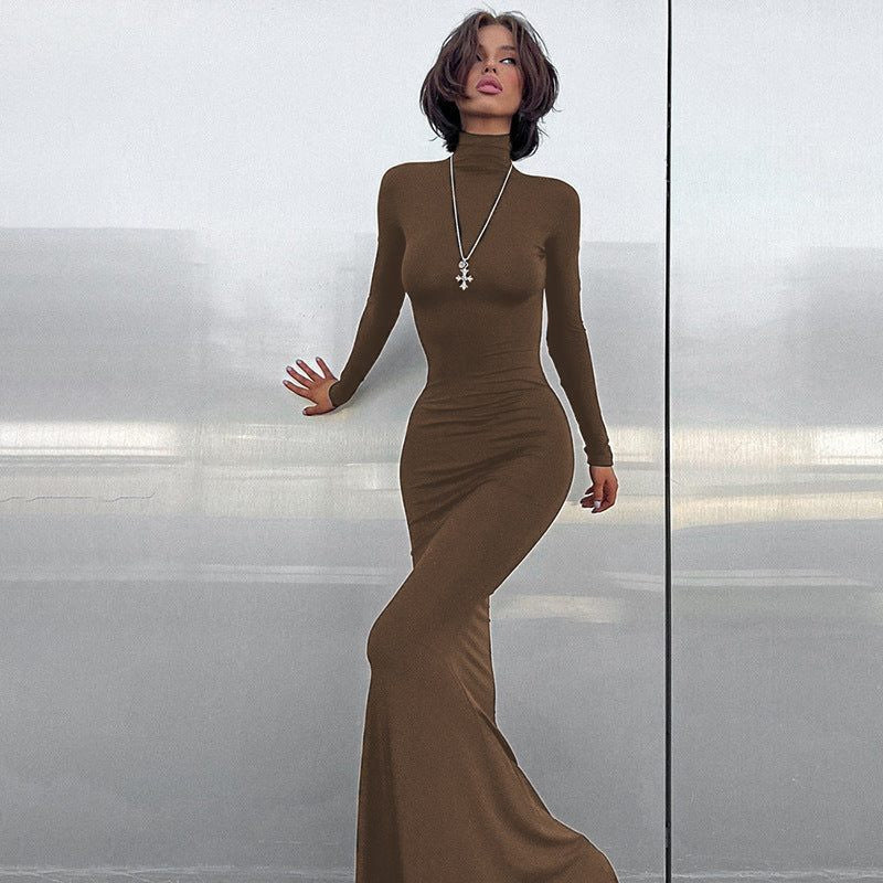 Roll Neck Maxi Dress with Long Fitted Sleeves - Brown