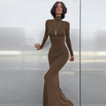 Roll Neck Maxi Dress with Long Fitted Sleeves - Brown