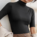 Roll Neck Top with Short Sleeves and Fitted Cut - Black