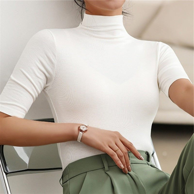 Roll Neck Top with Short Sleeves and Fitted Cut - White